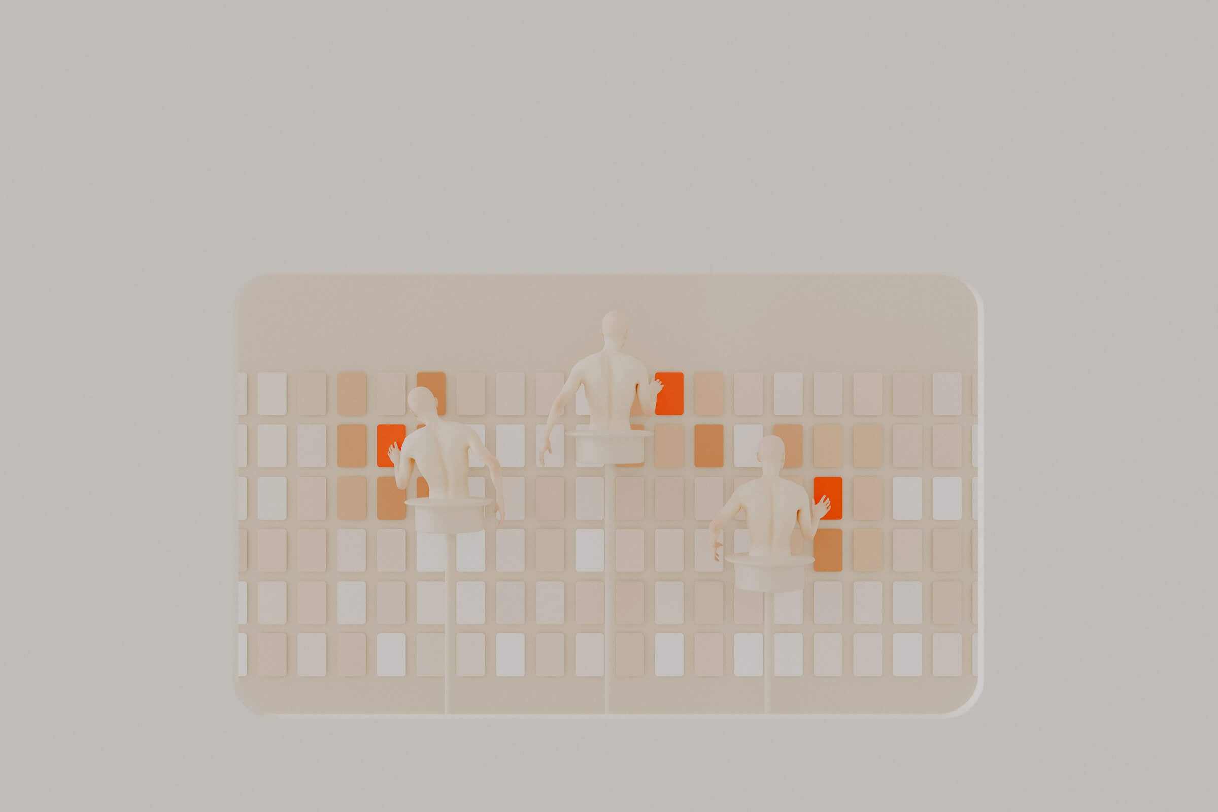 Drawing of Keyboard with White, Beige, Ecru and Orange Keys, and Three Small Figures Pressing on the Orange Keys